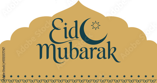 Golden Crown with Traditional Islamic Design, Intricate Patterns, Crescent Moon, Celebratory Text, and Decorative Border in Festive Style