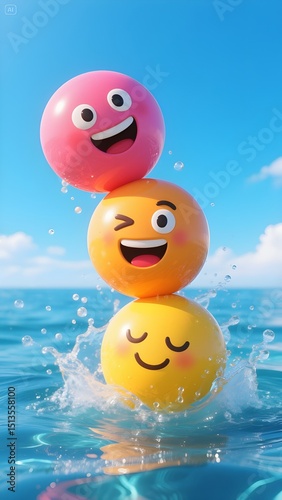 Happy Emojis Summer Fun: Three cheerful emojis, pink, orange and yellow, playfully stacked on top of each other bobbing in the ocean water, a bright summer day. AI-generated image