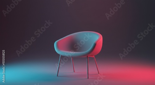 Chair in the Spotlight: A minimalist chair sits under neon light, with a gradient shadow, invoking a futuristic atmosphere. AI-generated image