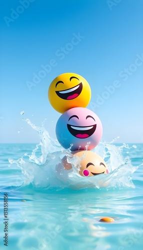 Stacked Smiles: A trio of colorful smiling emoji playfully stacked in the refreshing water, capturing the essence of summer and pure happiness. AI-generated image