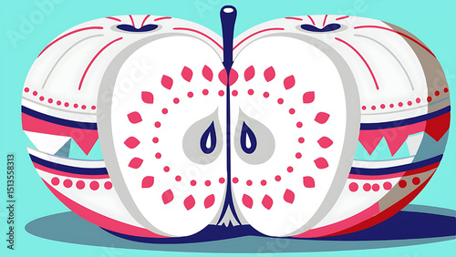 Ornamental Apple Illustration: A vibrant and detailed illustration of a sliced apple, showcasing intricate ornamental designs and a striking aesthetic. AI-generated image