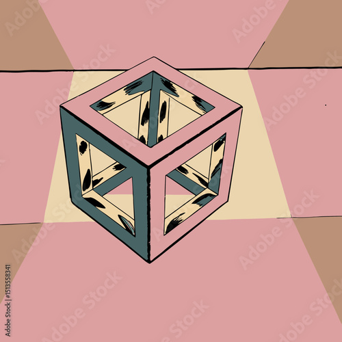 Illustration of a hollow cube with abstract brush strokes
