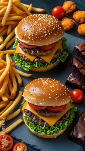 Burger Delight: An Appetizing shot of a delicious burger, served with a side of golden French fries and a tast brownie, is presented in an eye-catching food photography composition. AI-generated image