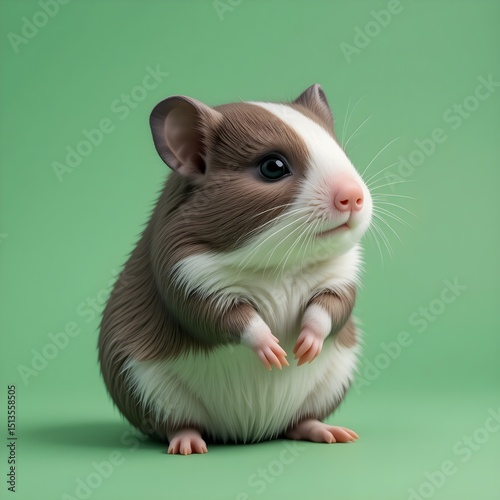 Adorable Hamster Portrait: A charming, fluffy hamster with brown and white fur sits upright on a green background, captivating with its big eyes and endearing pose. AI-generated image