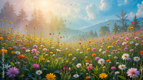 resplendent multicolor of a spring meadow, teeming with verdant life, blooming flowers, and exuberant revelry, encapsulates wondrous reawakening of existence photo