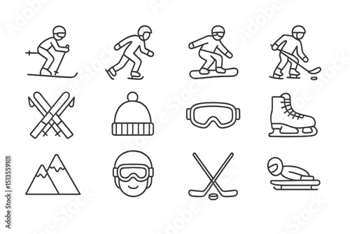 Different winter sports activities represented with icons showcasing skiing, snowboarding, ice skating, and sledding against a snowy backdrop