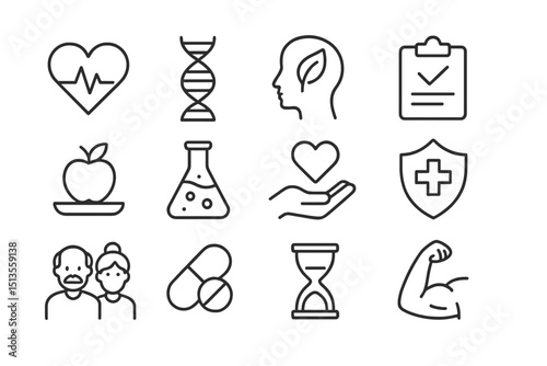 Health and wellness symbols depicting various aspects of medical care, science, and lifestyle choices