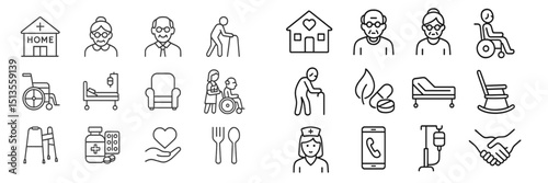 Icon collection representing elder care services in a supportive environment for seniors