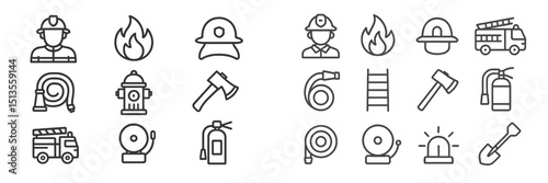 Firefighter icons representing safety equipment, fire hazards, and emergency services in a clear format for educational purposes