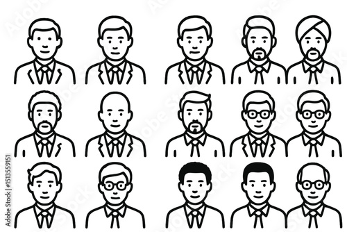 Diverse group of illustrated individuals in business attire showcasing various hairstyles and facial hair styles in a grid layout