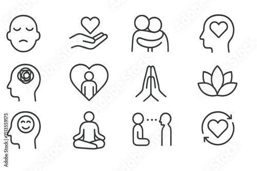 Symbols representing emotions, compassion, and well-being through simple line art designs in a balanced arrangement