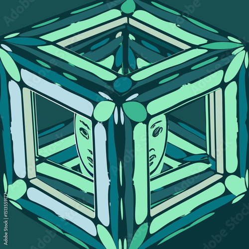 Abstract cube structure with faces inside in teal tones