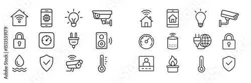 Icons representing smart home technology, security features, and energy management in a modern household setting