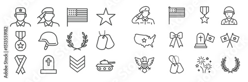 Military icons collection depicting service, honor, and patriotism on a simple background