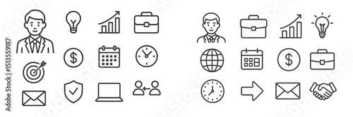 Business and finance icons representing success and professionalism in a modern workplace setting