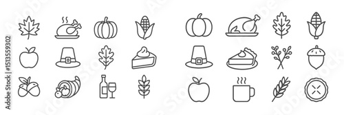 Line art depicting traditional autumn harvest symbols and Thanksgiving dishes in a minimalistic style