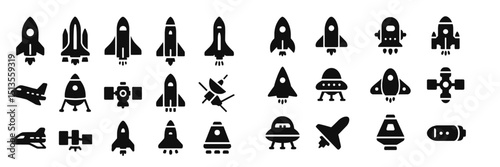 Spaceship designs in various styles and shapes displayed on a white background, showcasing creativity in spacecraft concepts
