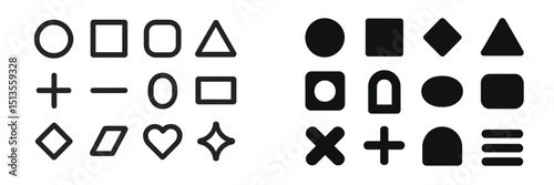 Various geometric shapes and symbols displayed in a black and white design for educational purposes