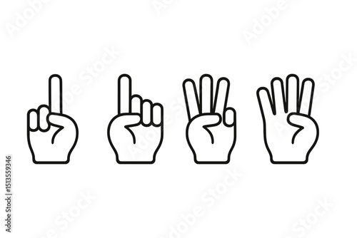 Hand signals representing numbers one to four displayed in clear lines for educational purposes