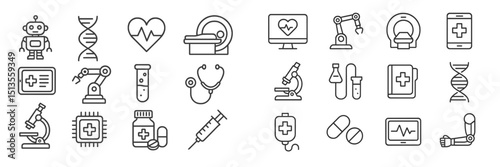 Collection of healthcare and biotechnology icons representing modern medical technologies and innovations in the industry