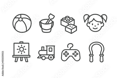 Cheerful childhood activities with toys and games in a playful arrangement featuring beach ball, blocks, and a smiling girl