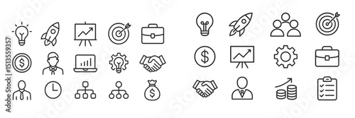 Business icons representing finance, teamwork, innovation, and strategy used for modern presentations and marketing material