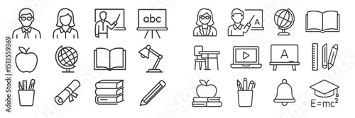 Educational icons representing various classroom elements and subjects with a focus on learning and teaching activities in a school setting