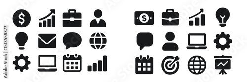 Collection of business icons representing finance, communication, and planning concepts in black design on a white background