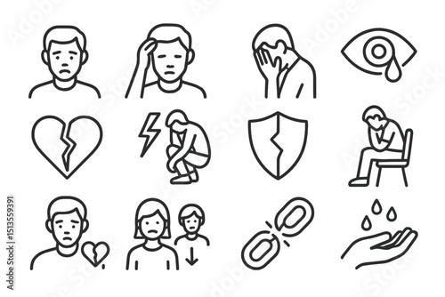 Emotions and feelings represented through simple line drawings depicting various states of distress and concern