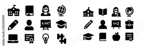 Educational icons representing various aspects of learning, teaching, and school environment for teachers and students