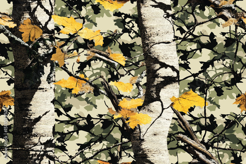 Forest camouflage. Tree branches, leaves, trees. Pattern for clothing and various products. Hunting camouflage seamless pattern background