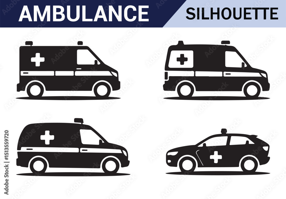 Naklejka premium Collection of black ambulance vehicles with red cross symbols for medical emergency transport.