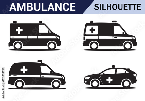 Collection of black ambulance vehicles with red cross symbols for medical emergency transport.