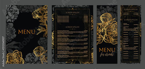 Colorful food and drinks menu designs. Restaurant menu template. Beautiful vector A4 format with high quality flowers for print and online usage. Hand drawn line art golden peony illustrations. 