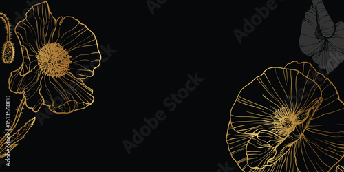 Abstract floral background with golden line art of flowers and leaves. Hand drawn poppy flowers frame, border. Vector design of card, banner, invitation, advertising and packaging