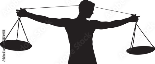 Silhouette of Muscular Man Holding Balanced Scales