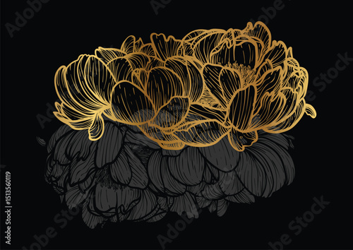 Peony line art vector hand drawn illustration. Art print with luxurious and elegant gold and black spring flower. Highly detailed and high quality graphic asset for online and print.