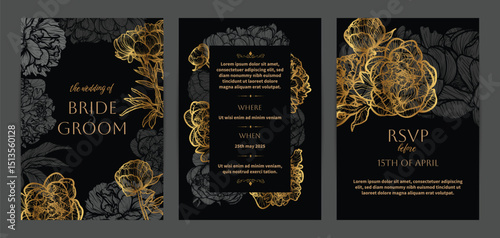 Wedding invitation card background vector. Elegant botanical flower decorate with gold line art peony template background. Design illustration for wedding, cover, banner.