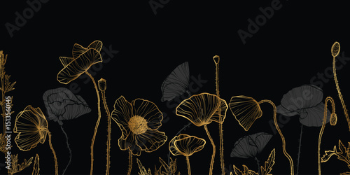 Abstract floral background with gray and golden line art of poppy flowers and leaves. Hand drawn poppies flowers background and pattern frame. Vector design of card, banner, invitation and packaging