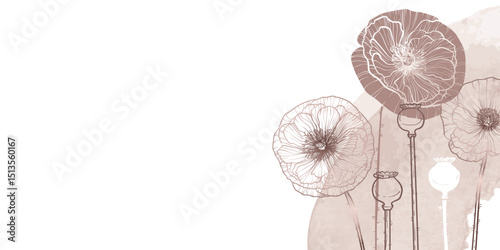Abstract floral background with rose gold poppy flowers and leaves. Hand drawn poppy watercolor frame, border. Vector design of card, banner, invitation, advertising and packaging