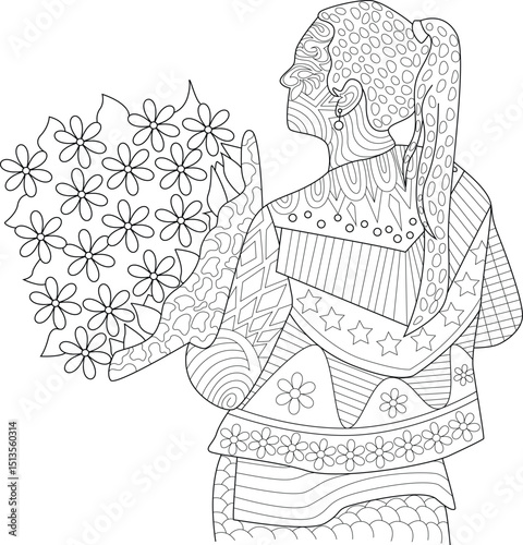 Adult Coloring Page of Woman Holding Bouquet with Intricate Patterns, Black and white line art illustration for adult coloring books featuring a woman holding a bouquet of flowers, adorned with 