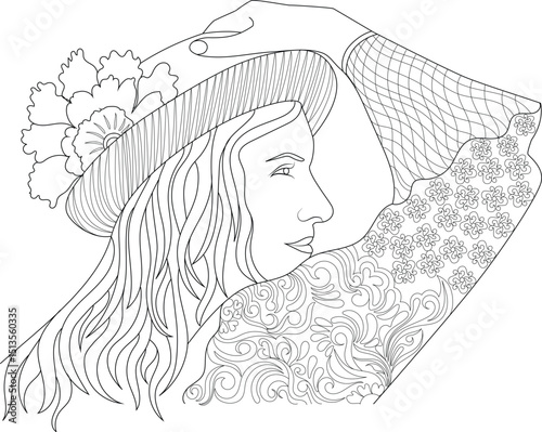 Abstract Line Art Woman with Hat and Flower for Coloring Book, Black and white abstract line art illustration featuring a woman wearing a hat decorated with a large flower and intricate patterns. 