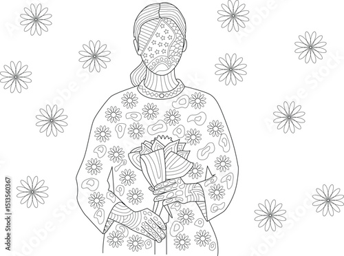 Abstract Flower Girl Line Art Illustration, Line art illustration of a person holding a bouquet of flowers, surrounded by floating flowers. The person's face and clothing feature abstract patterns, 