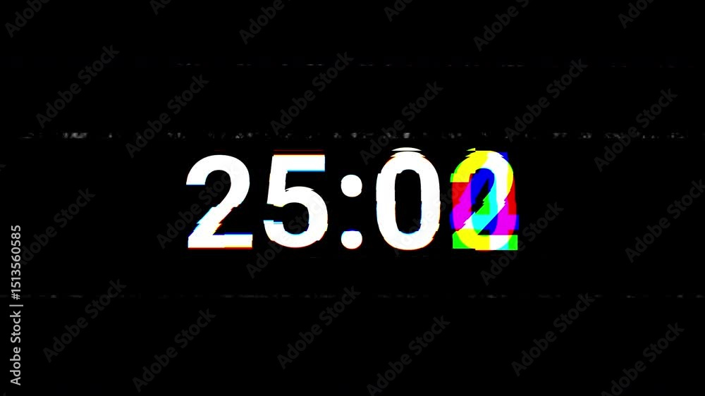 30 Second countdown timer glitch Effect black background. 4k Video