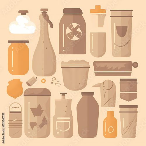 Vintage Collection of Vessels and Containers: An assortment of elegantly designed containers and vessels, rendered in a vintage style. Each form is a testament to timeless simplicity and beauty.