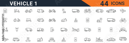 Vehicle Transport Travel Line Editable Icons set. Vector illustration in thin line modern style of car, boat, plane, helicopter, public transport. Editable stroke. Vector illustration