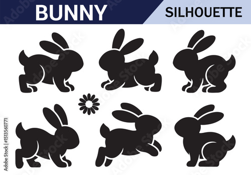 Collection of black bunny silhouettes in different poses, representing playfulness and agility