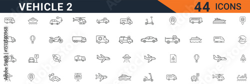Vehicle Transport Travel Line Editable Icons set. Vector illustration in thin line modern style of car, boat, plane, helicopter, public transport. Editable stroke. Vector illustration