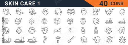 Skin Care Routine Beauty Line Editable Icons set. Vector illustration in thin line modern style of cosmetology, facial treatment, dermatology. Editable stroke. Vector illustration