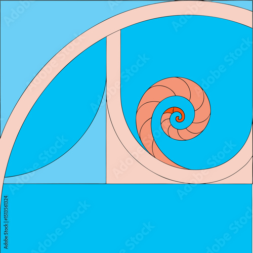 Golden ratio spiral with squares and quarter circles art